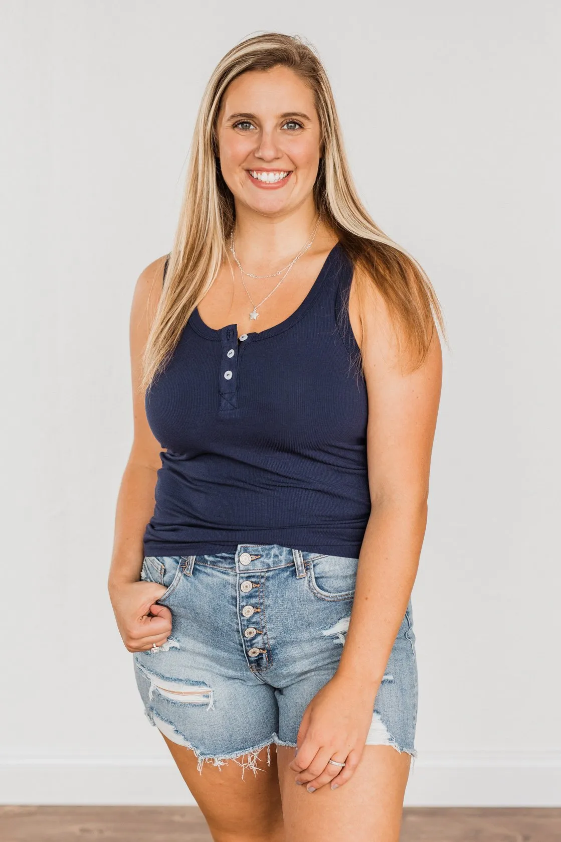 Uplifting Spirits Button Henley Tank Top- Navy