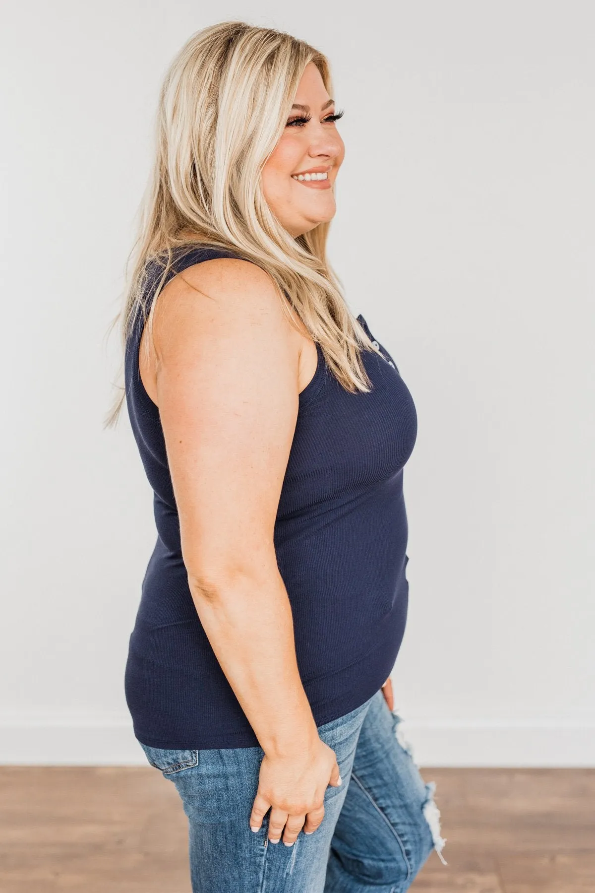 Uplifting Spirits Button Henley Tank Top- Navy