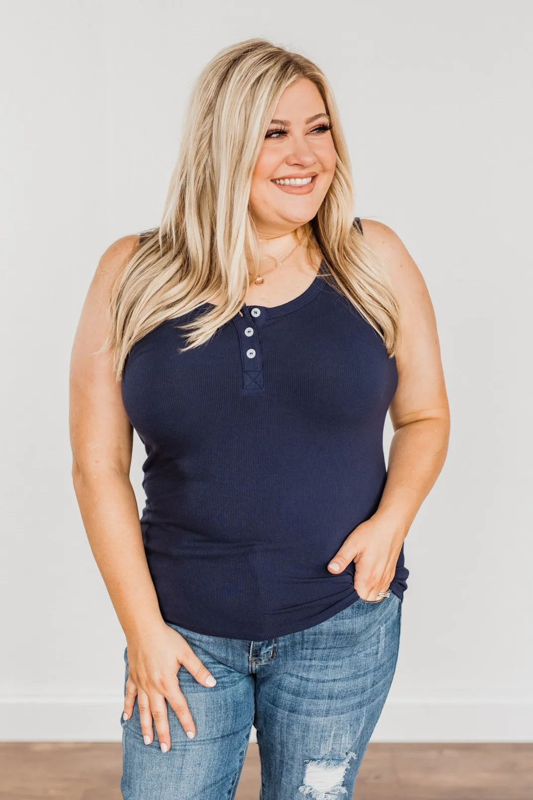 Uplifting Spirits Button Henley Tank Top- Navy