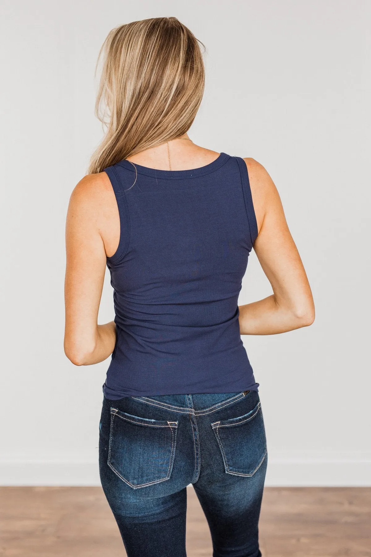 Uplifting Spirits Button Henley Tank Top- Navy