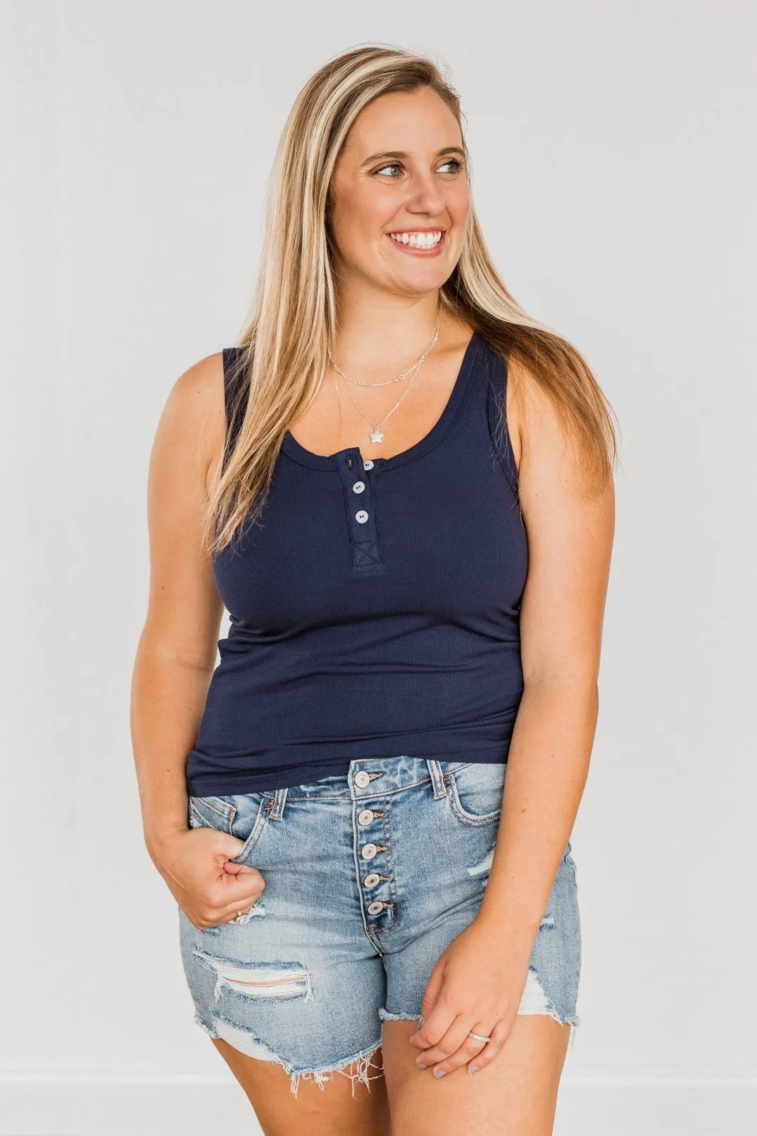 Uplifting Spirits Button Henley Tank Top- Navy
