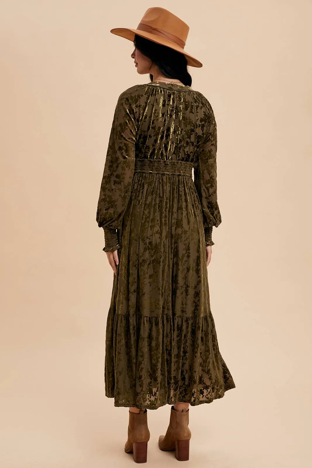 Velvet Burnout Maxi Dress Olive