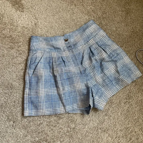 Veronica Beard Alicia Windowpane Plaid Linen Shorts in Blue Multi
