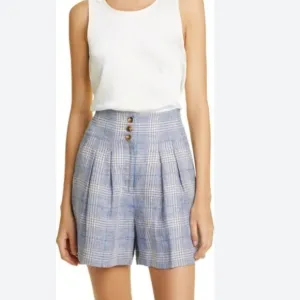 Veronica Beard Alicia Windowpane Plaid Linen Shorts in Blue Multi
