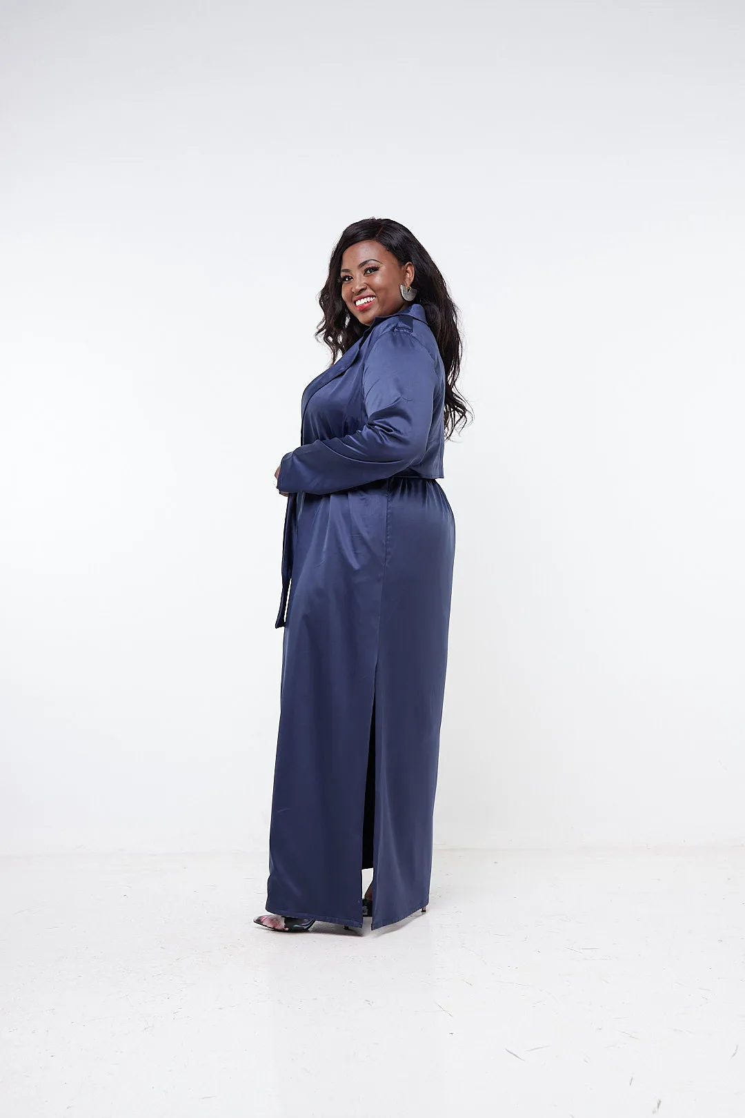 Vivo Raha Satin Trench Coat  - Navy Blue