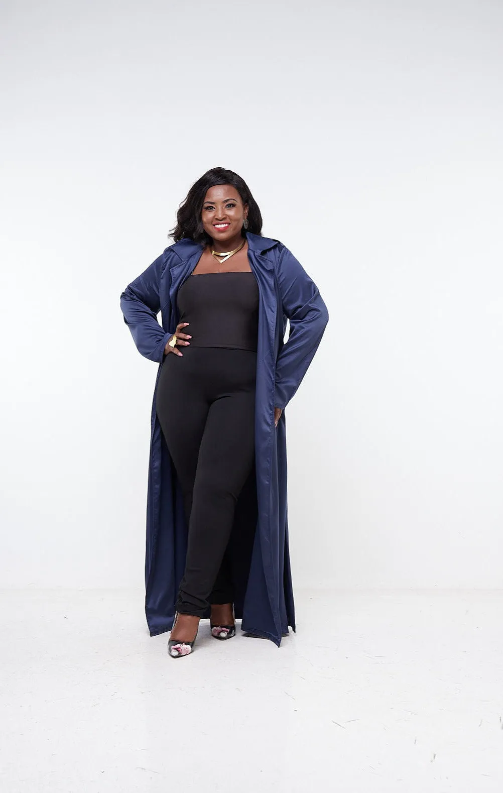 Vivo Raha Satin Trench Coat  - Navy Blue