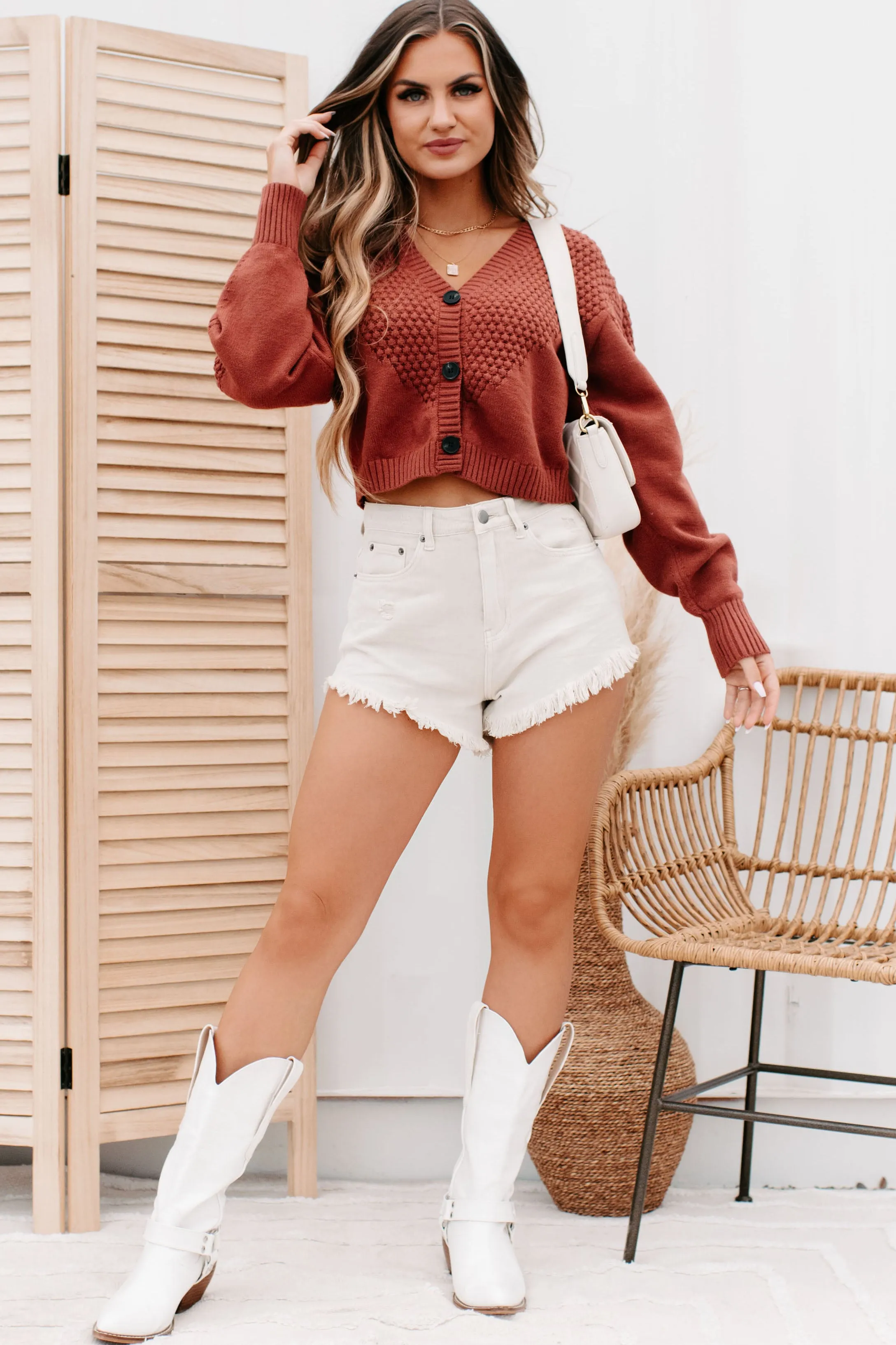 Want You Around Cropped Textured Cardigan (Cinnamon)