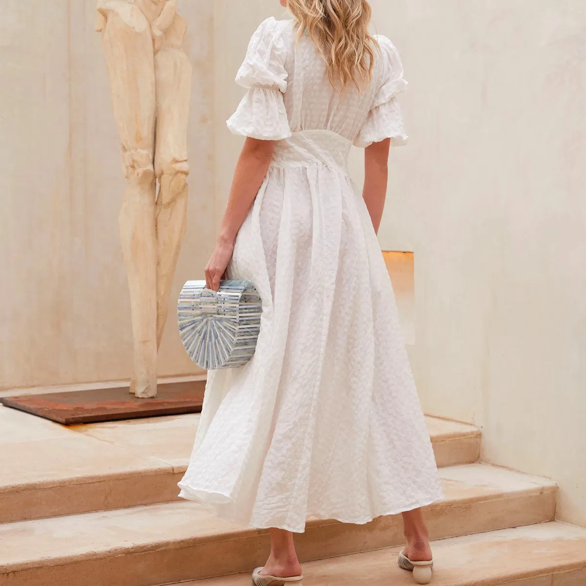 White Retro Palace V-neck Single-breasted Party Maxi Dresses