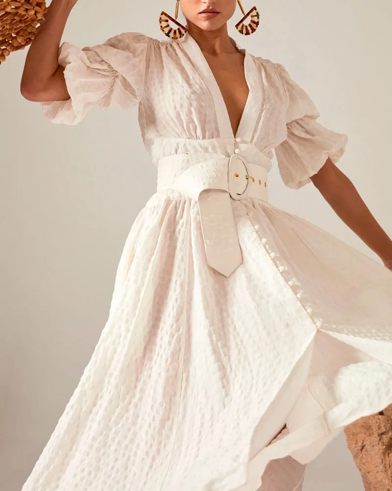 White Retro Palace V-neck Single-breasted Party Maxi Dresses