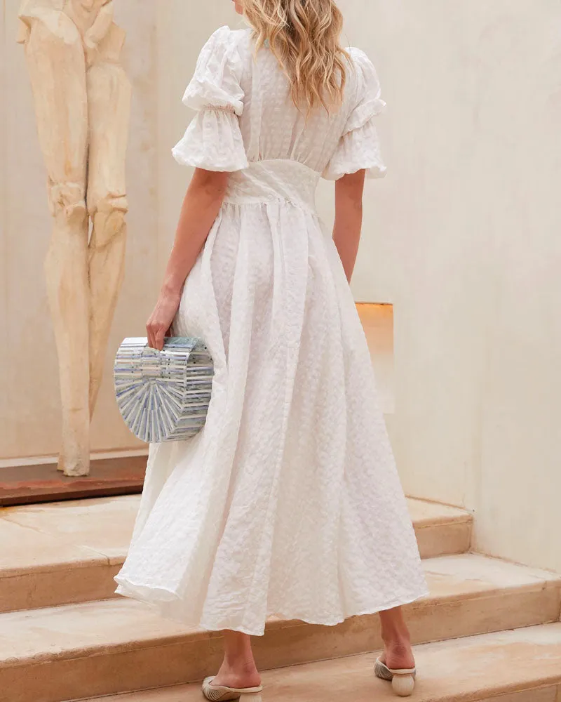 White Retro Palace V-neck Single-breasted Party Maxi Dresses
