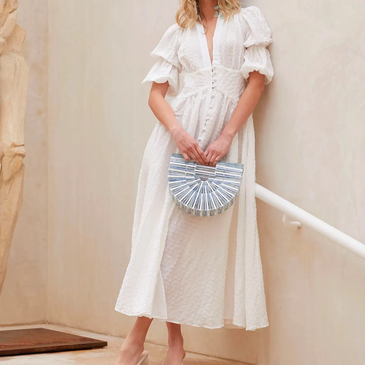 White Retro Palace V-neck Single-breasted Party Maxi Dresses