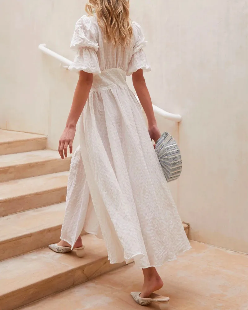 White Retro Palace V-neck Single-breasted Party Maxi Dresses