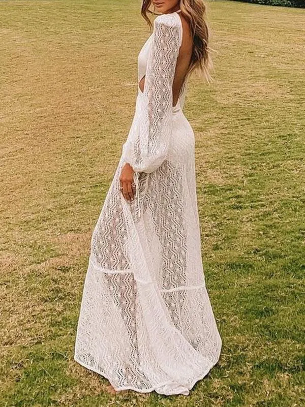 White Sexy Backless Hollow Out Long Party Dresses