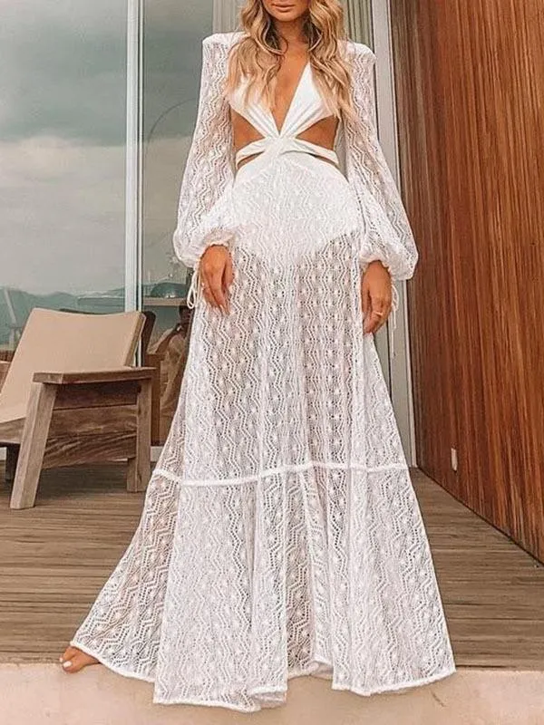White Sexy Backless Hollow Out Long Party Dresses