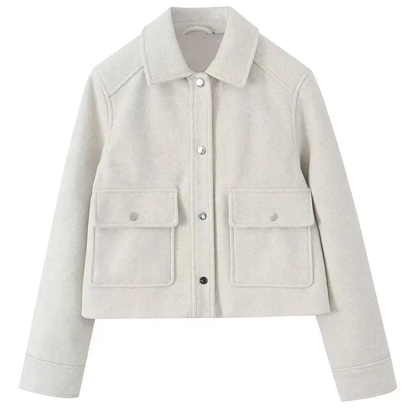 Women Fashion Woolen Coats Winter Trend Cotton White And Khaki Lapel Jackets Woman Warm Streetwear Mujer Casaco Y2k