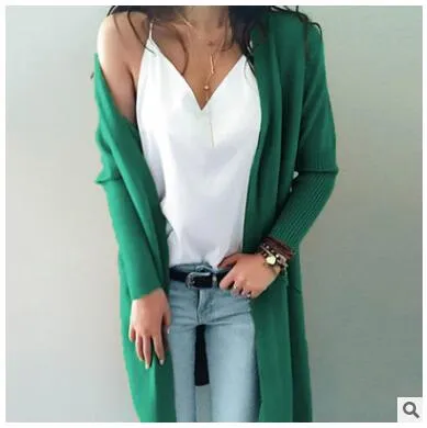 Women Knitted Long Sleeve Long Sweater Cardigan