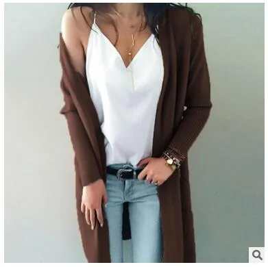 Women Knitted Long Sleeve Long Sweater Cardigan