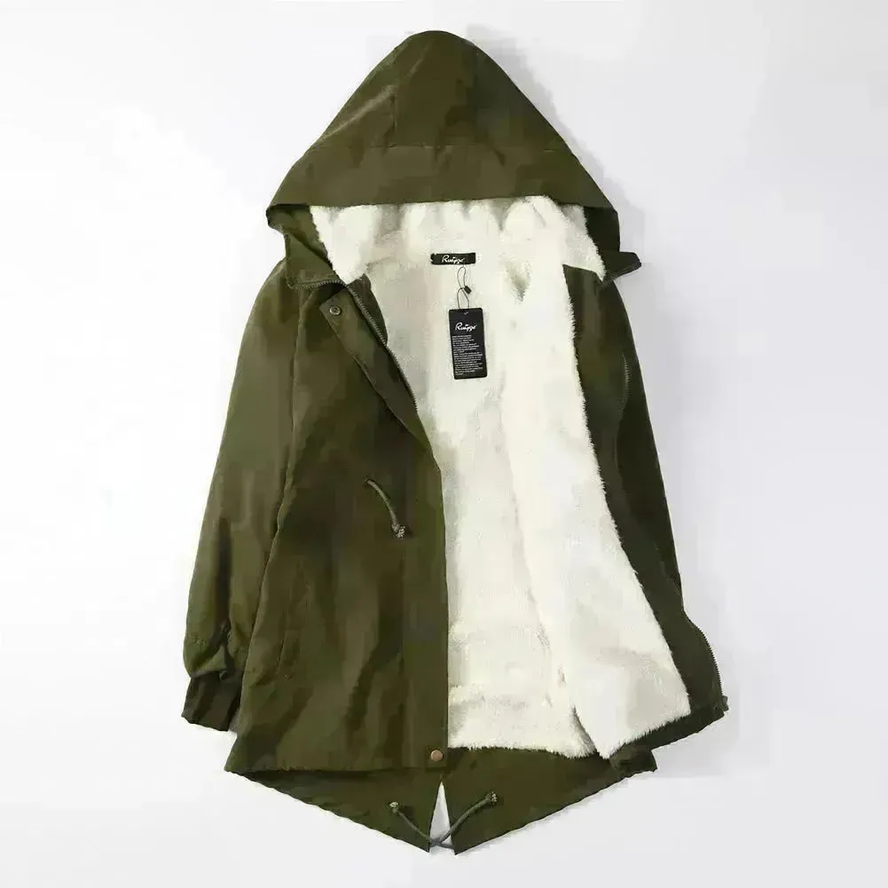 Women Work Hooded collar up Winter Jacket Woolen Lining