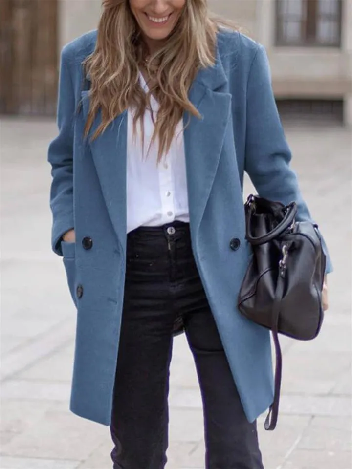 Women's Autumn Solid Color Notched Lapel Mid-Length Woolen Coat