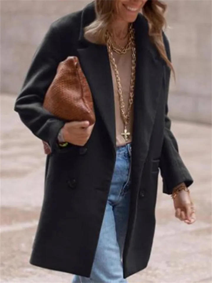 Women's Autumn Solid Color Notched Lapel Mid-Length Woolen Coat