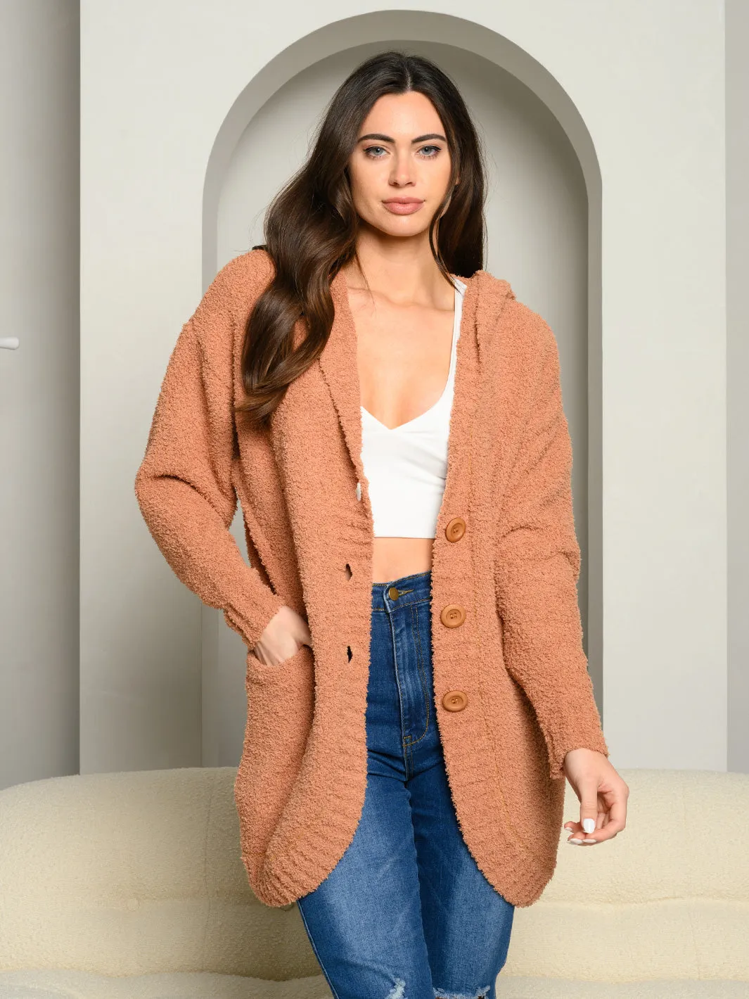 WOMEN'S HOODED BUTTON UP CARDIGAN