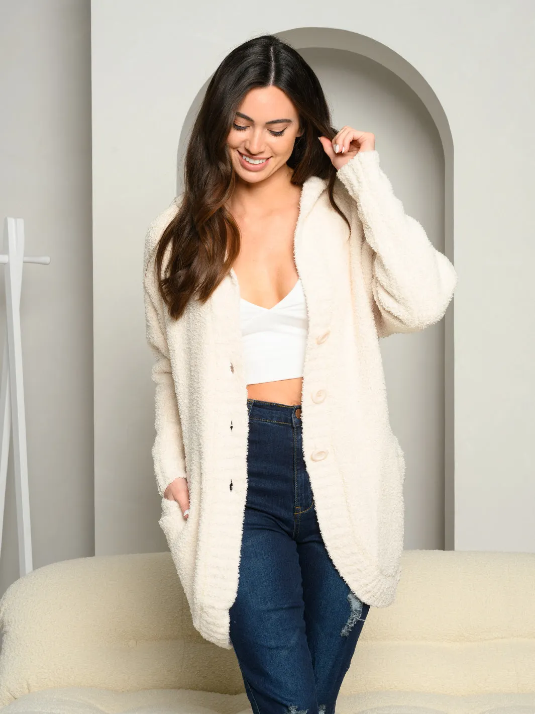 WOMEN'S HOODED BUTTON UP CARDIGAN