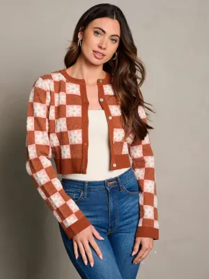 WOMEN'S LONG SLEEVE BUTTON CLOSURE CHEKERS SWEATER CARDIGAN