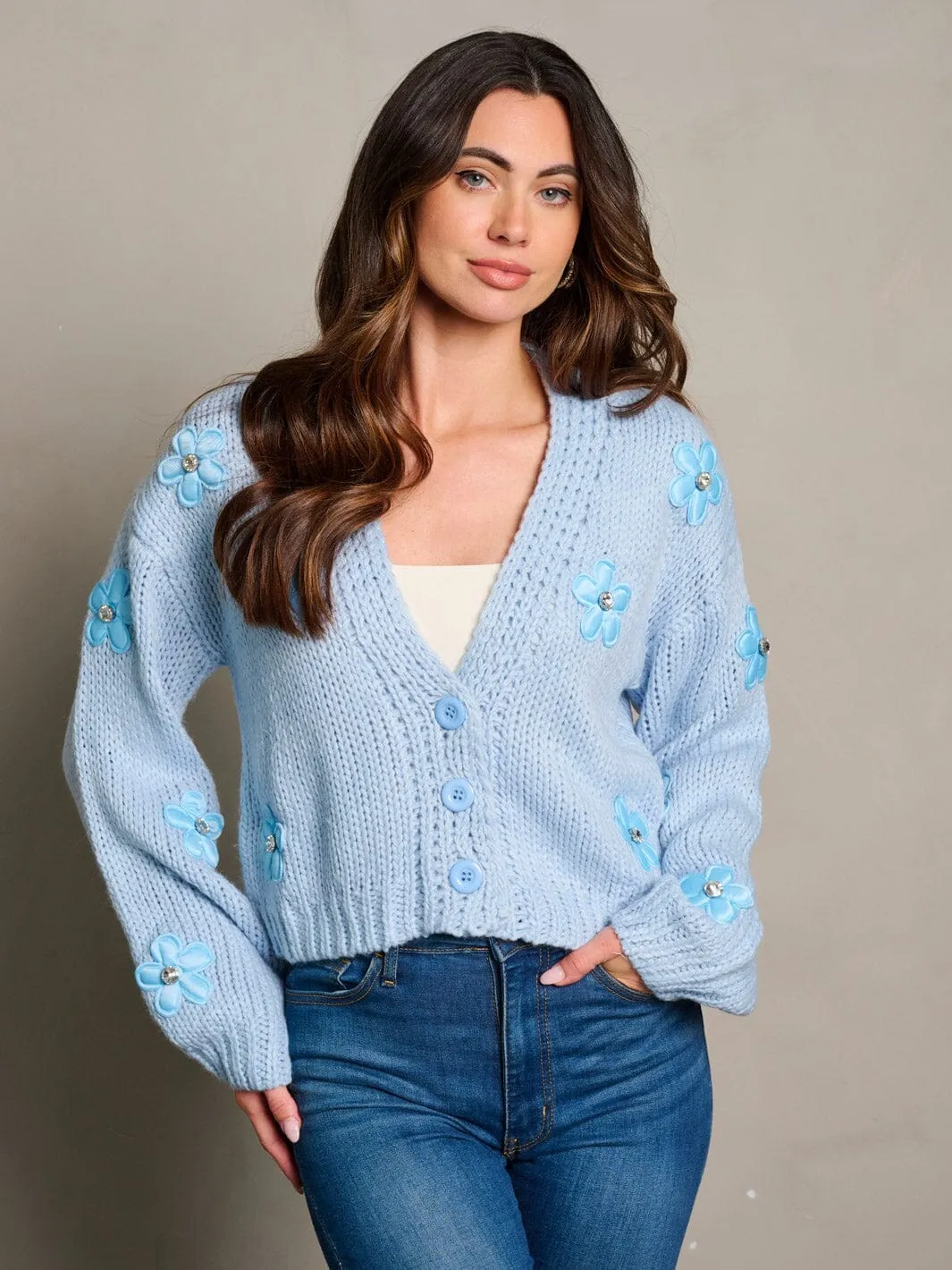 WOMEN'S LONG SLEEVE BUTTON CLOSURE FLOWER SWEATER CARDIGAN