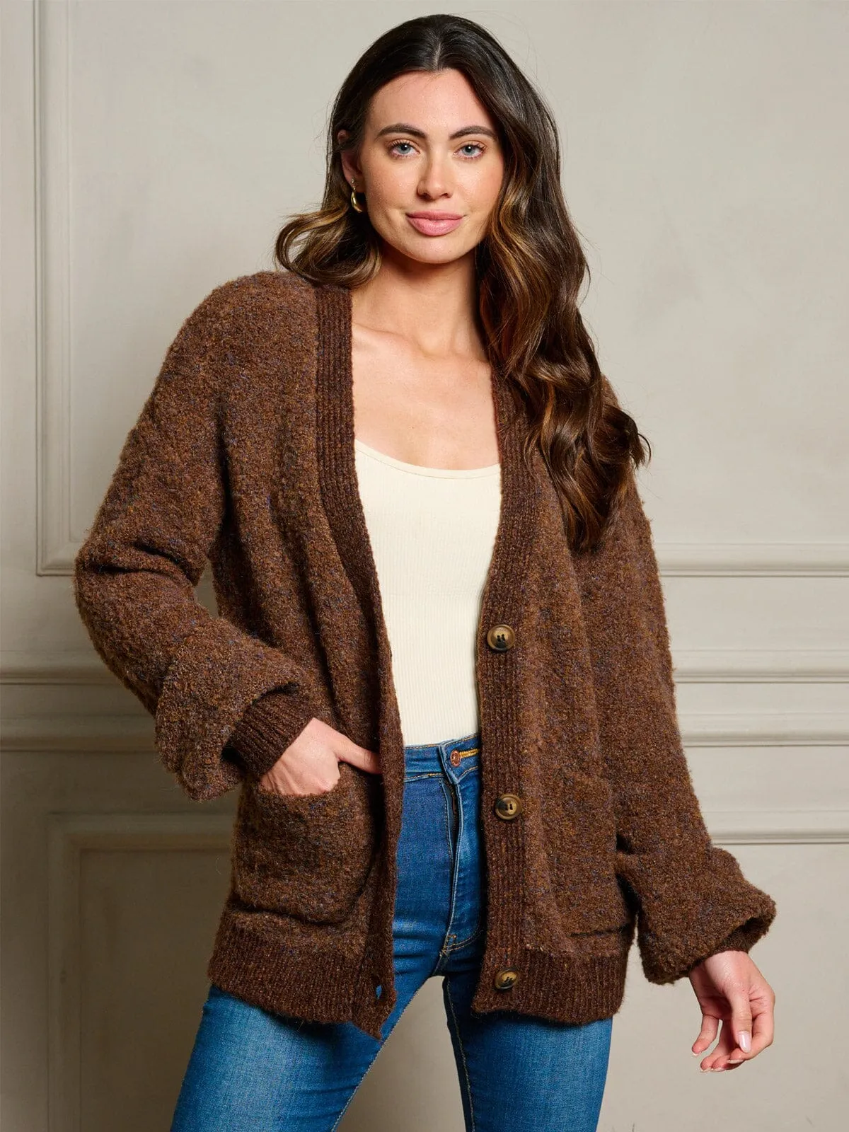 WOMEN'S LONG SLEEVE BUTTON CLOSURE POCKETS CARDIGAN