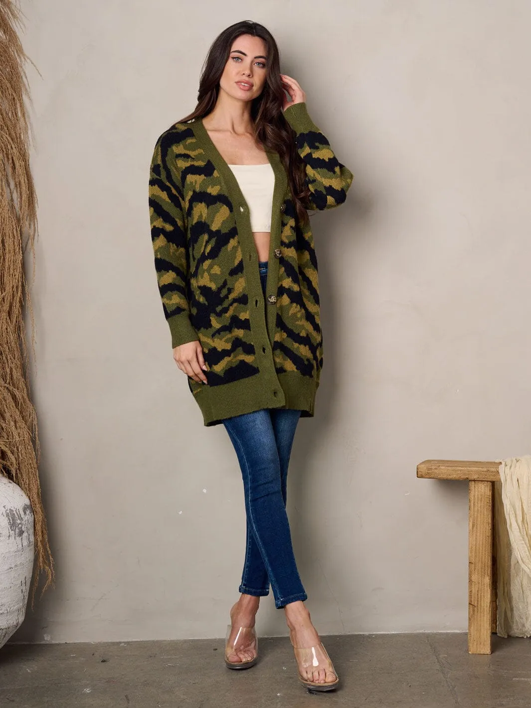 WOMEN'S LONG SLEEVE BUTTON UP CAMO CARDIGAN