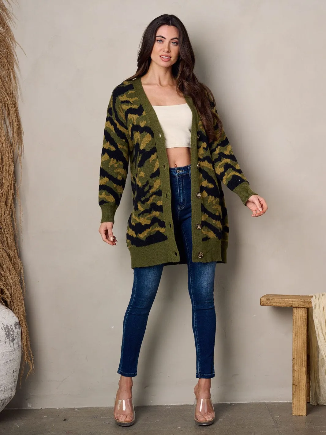 WOMEN'S LONG SLEEVE BUTTON UP CAMO CARDIGAN