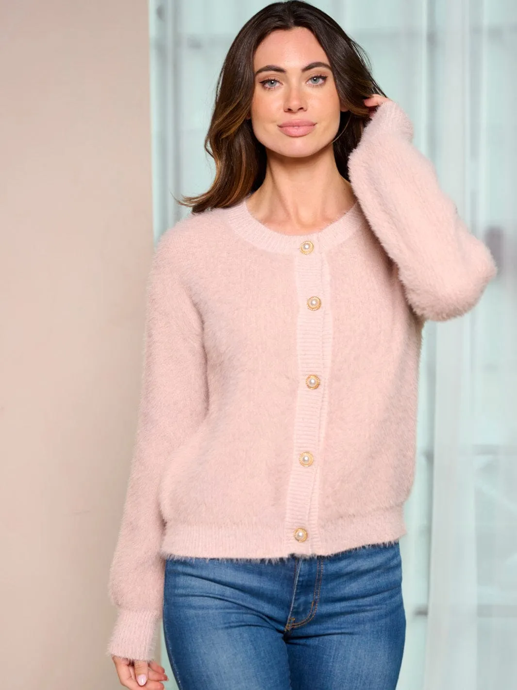 WOMEN'S LONG SLEEVE BUTTON UP FUZZY SWEATER CARDIGAN