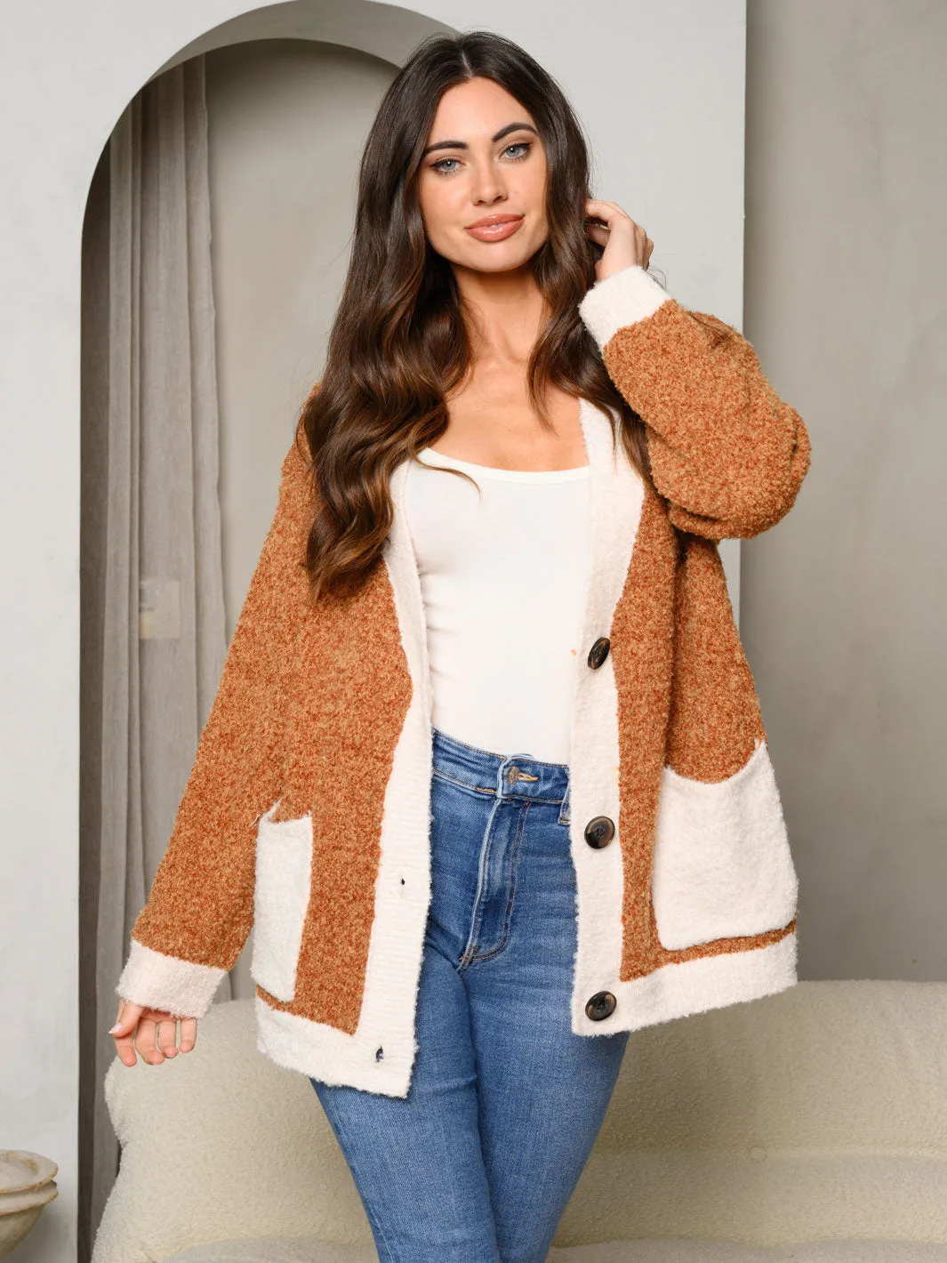 WOMEN'S LONG SLEEVE COLORBLOCK BUTTON UP SWEATER CARDIGAN