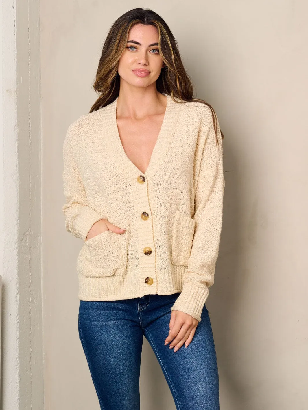 WOMEN'S LONG SLEEVE FRONT POCKETS BUTTON UP CARDIGAN SWEATER