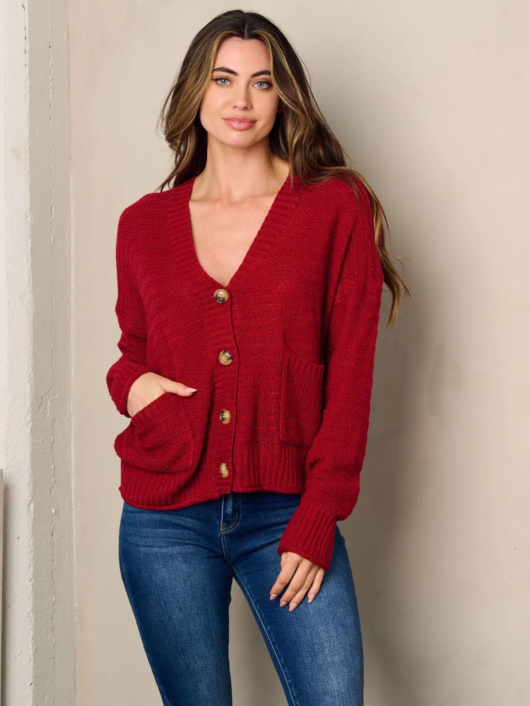 WOMEN'S LONG SLEEVE FRONT POCKETS BUTTON UP CARDIGAN SWEATER