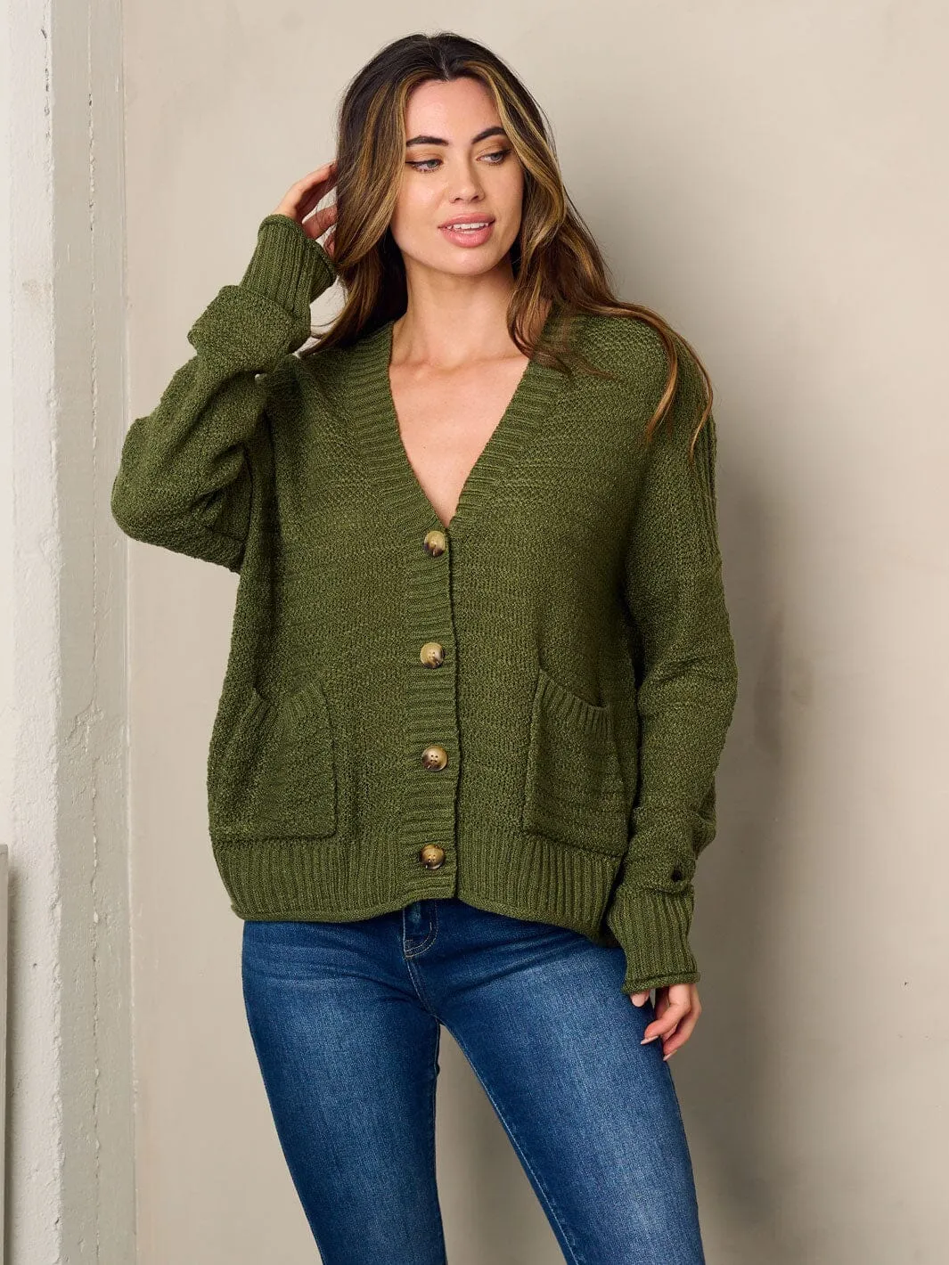 WOMEN'S LONG SLEEVE FRONT POCKETS BUTTON UP CARDIGAN SWEATER