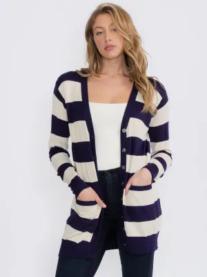 WOMEN'S LONG SLEEVE FRONT POCKETS BUTTON UP COLORBLOCK STRIPES CARDIGAN