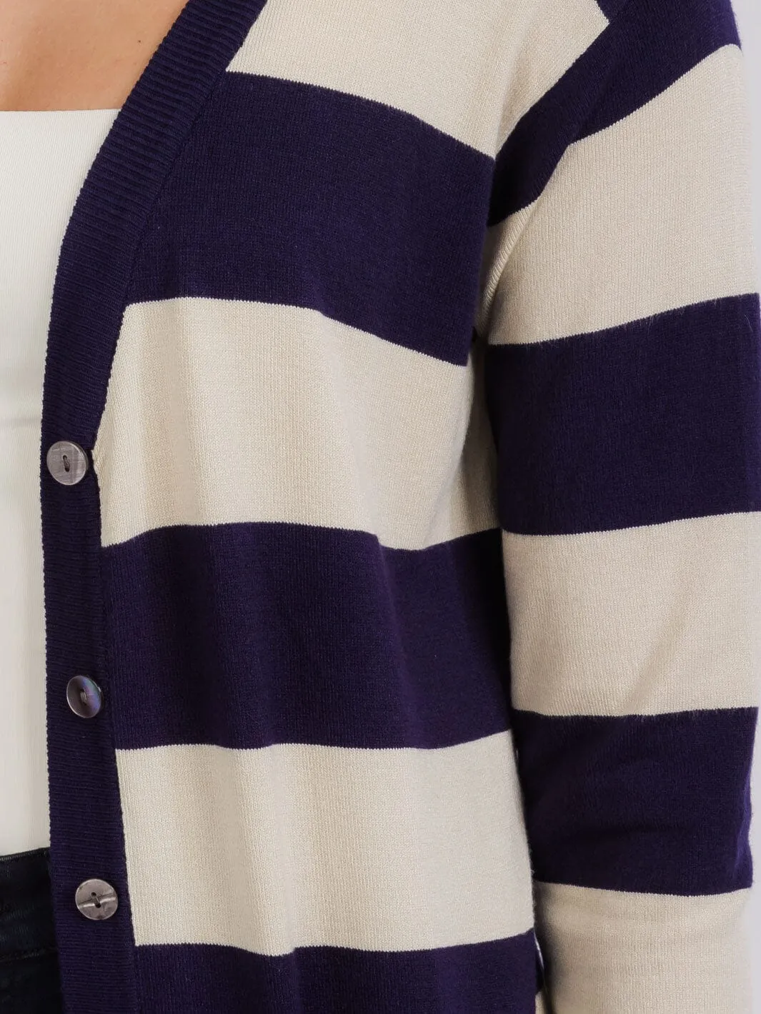 WOMEN'S LONG SLEEVE FRONT POCKETS BUTTON UP COLORBLOCK STRIPES CARDIGAN