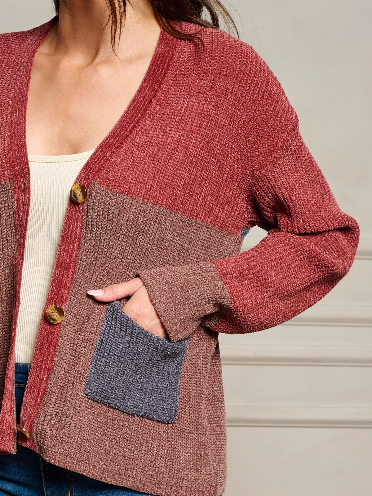 WOMEN'S LONG SLEEVE POCKETS COLORBLOCK BUTTON UP SWEATER CARDIGAN