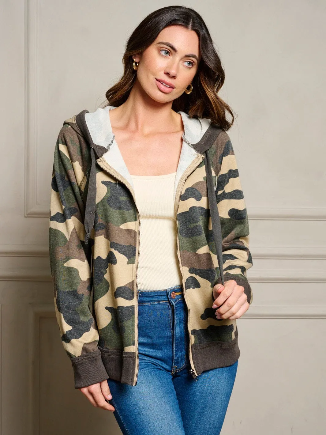 WOMEN'S LONG SLEEVE ZIP UP POCKETS HOODIE CAMO PRINT JACKET