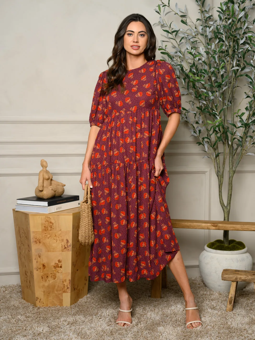 WOMEN'S SHORT SLEEVE TIERED OPEN BACK MAXI DRESS