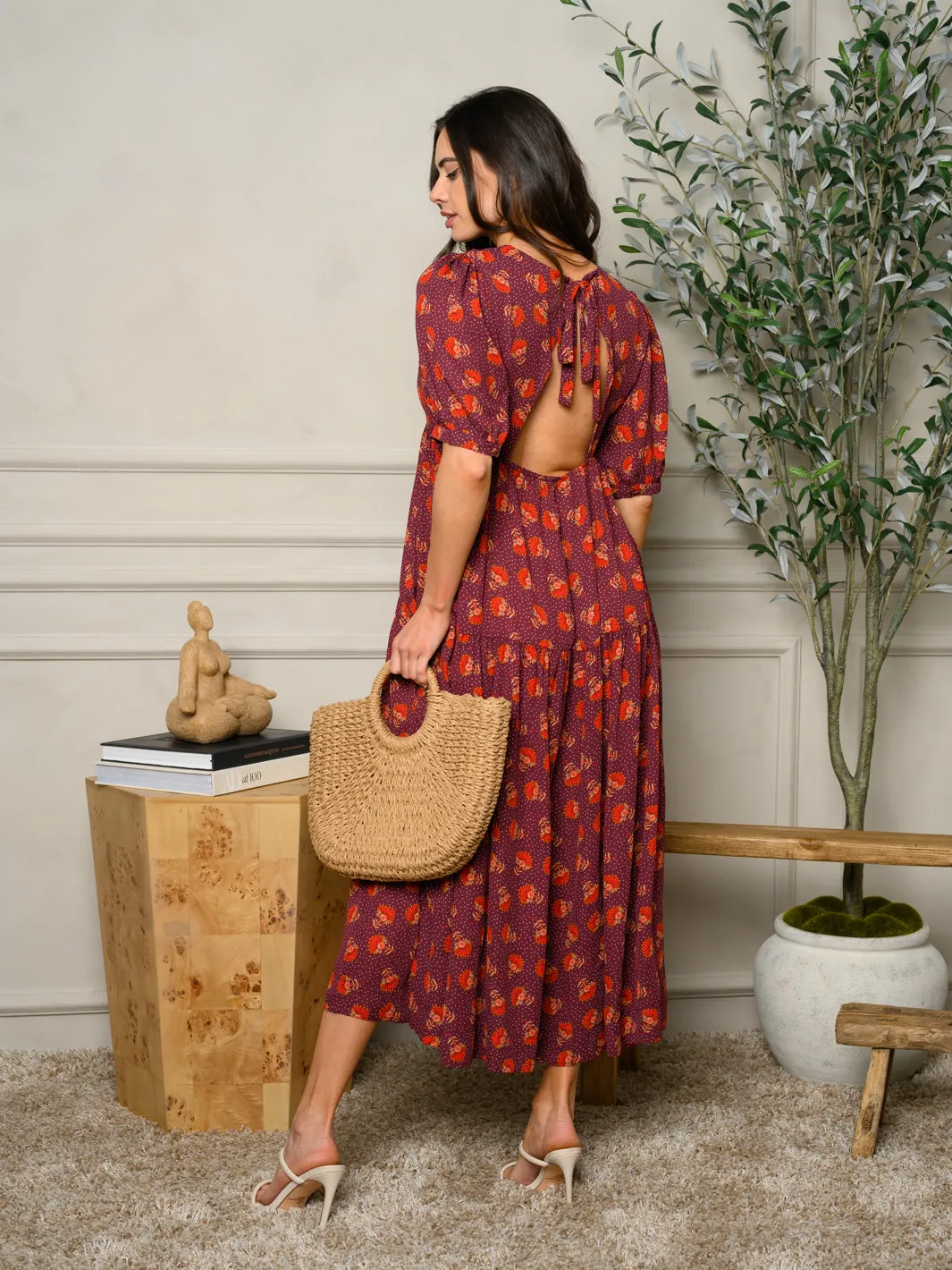WOMEN'S SHORT SLEEVE TIERED OPEN BACK MAXI DRESS