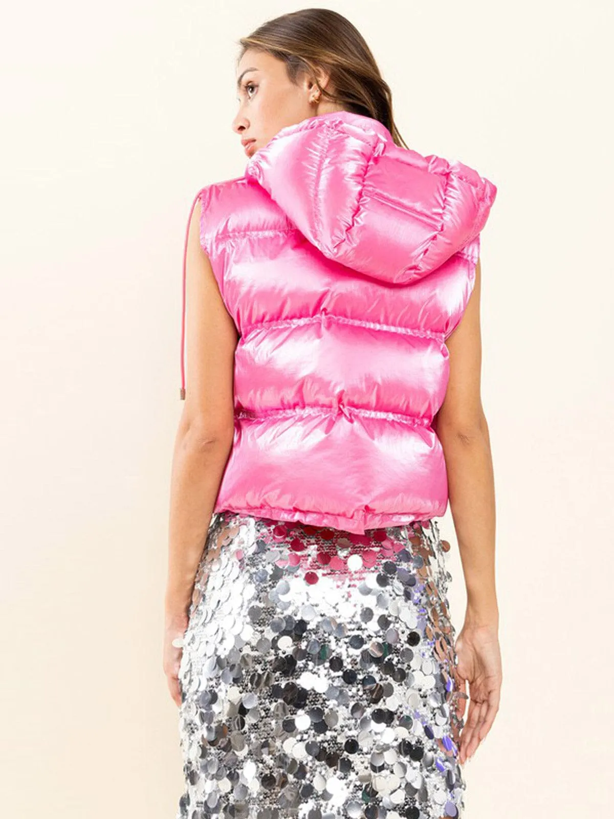WOMEN'S SLEEVELESS BUTTON UP FRONT POCKETS HOODED METALLIC PUFFER VEST