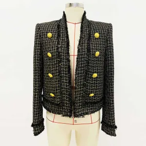 Women's tweed fringe cardigan jacket Gold Plaid jacket