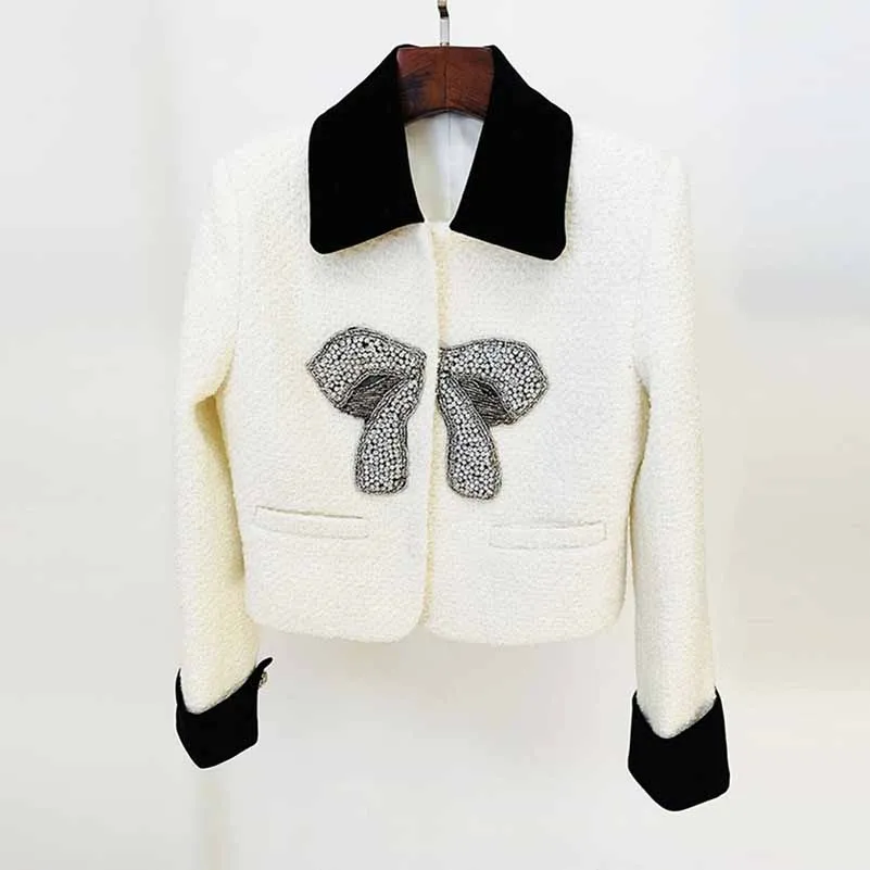 Women's winter coat woolen jacket With Bow knot studded bead short coat