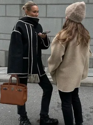 Woolen Jacket Tassel Scarf Single Breasted Pocket Coats