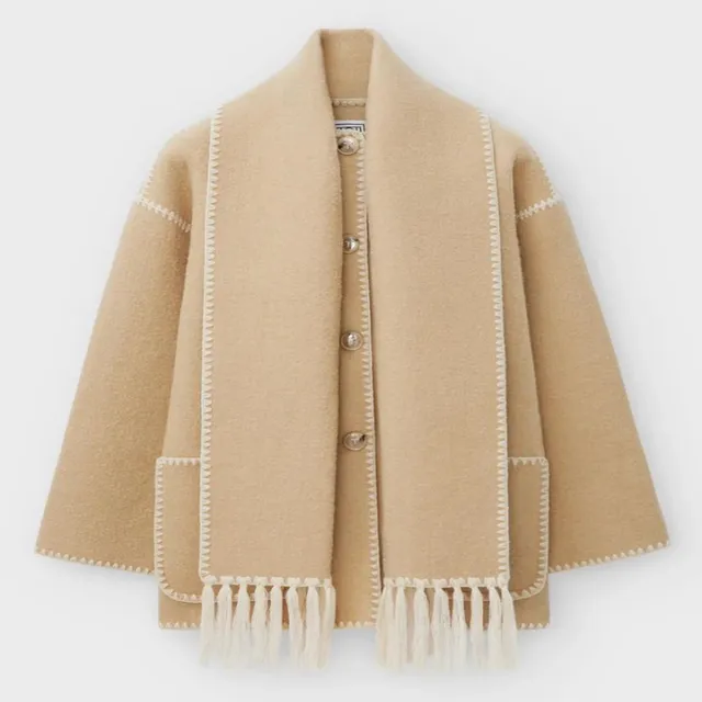 Woolen Jacket Tassel Scarf Single Breasted Pocket Coats