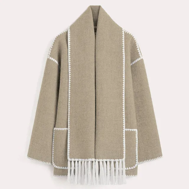 Woolen Jacket Tassel Scarf Single Breasted Pocket Coats