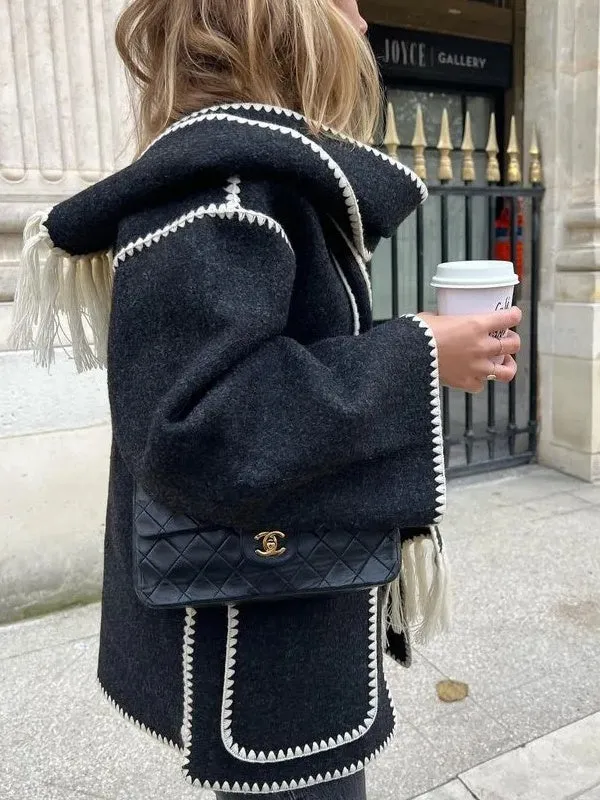 Woolen Jacket Tassel Scarf Single Breasted Pocket Coats