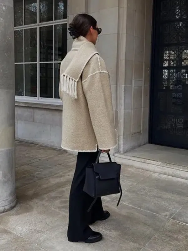 Woolen Jacket Tassel Scarf Single Breasted Pocket Coats
